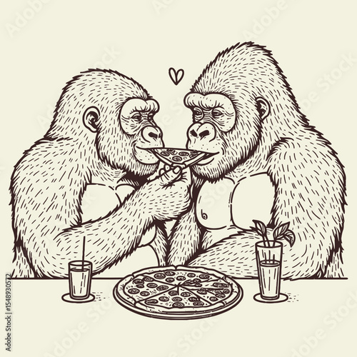 Gorilla couple eat pizza. Valentine Love Romance Cupid February Clipart Line Art Vector Illustration. Primate pair enjoy flatbread meal great ape duo consume baked dough treat.