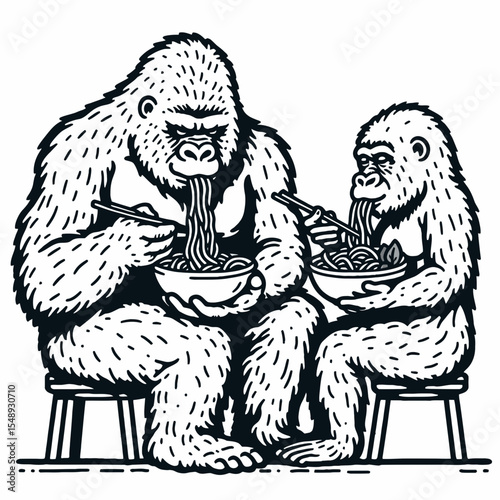 Gorilla couple eat ramen. Valentine Love Romance Cupid February Clipart Line Art Vector Illustration. Big ape duo enjoy noodle dish a funny animal feeding time moment.