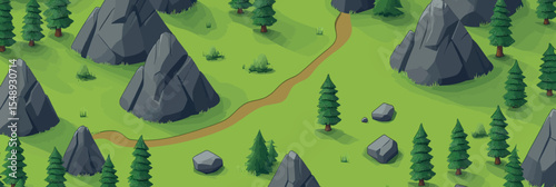 Isometric forest landscape with rocky mountains, dirt paths, scattered stones and dense pine trees in flat minimalist vector style map illustration