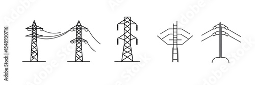 Set of five minimalist line vector icons depicting different styles of electrical power transmission towers and utility poles with power lines in black outline