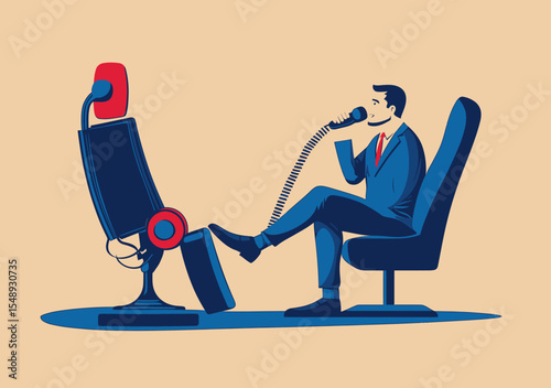 Businessman in suit sitting on office chair communicating confidently using old-fashioned telephone handset with vintage rotary dial phone in flat style vector illustration