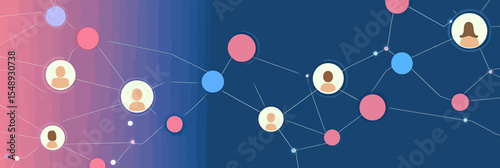 Minimalist flat vector illustration of social network connection with user icons and nodes on vibrant gradient pink and blue background for online business communication concept