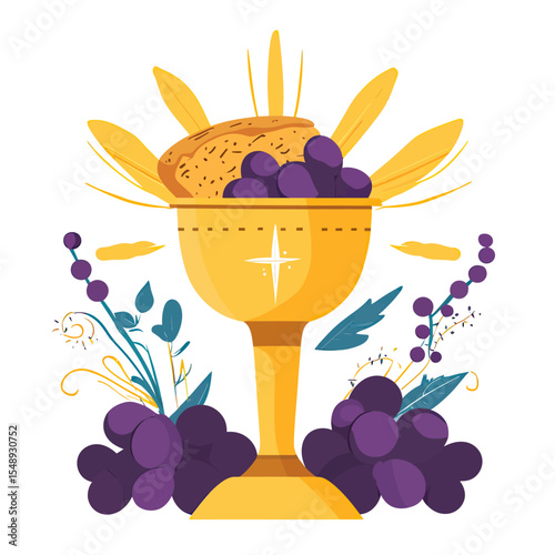 Golden chalice filled with host bread and purple grapes with decorative wheat stalks and blue leaves flat minimalist vector illustration celebrating Holy Communion or Eucharist