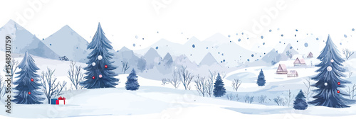 Winter snow landscape with pine trees decorated with red ornaments, small village houses, mountain background and falling snowflakes in minimalist flat watercolor style illustration