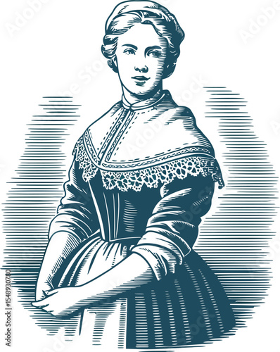 Engraved illustration of a woman in historical dress with a lace collar and a head covering design