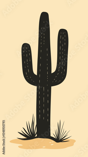 Minimalist black saguaro cactus silhouette with desert sand and small agave plants isolated on beige background vector illustration flat style design