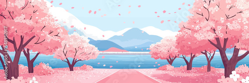Cherry blossom trees lining peaceful river promenade with distant mountains and clear blue sky in minimalist flat vector style