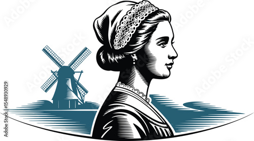 Illustration of a woman in traditional dutch clothing with a windmill in the background in blue and white