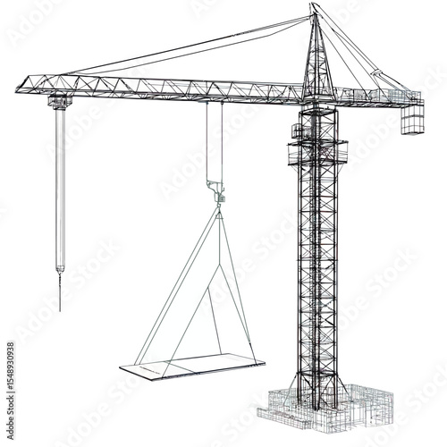 3D wireframe tower crane lifting concrete slab with detailed minimalistic construction equipment isolated on white background vector illustration design technology concept