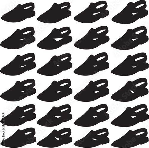 A collection of 20 black silhouette icons of traditional Peshawari chappals. Each sandal design is unique, showcasing various strap patterns, toe shapes, and buckle styles, making it ideal for use in 