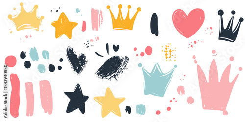Colorful hand drawn crown star heart doodle shapes with brush stroke texture and abstract paint splashes in playful vector set for creative design