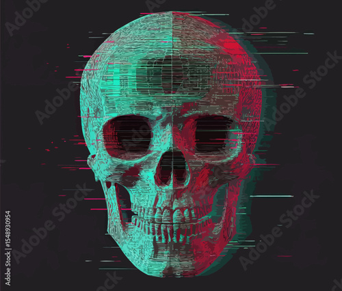 Distorted glitch effect human skull with red and green digital 3D anaglyph technology overlay on dark background vector illustration