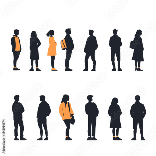 Silhouette group diverse men women standing casual poses minimalist flat vector illustration with black orange clothing accessories on white background
