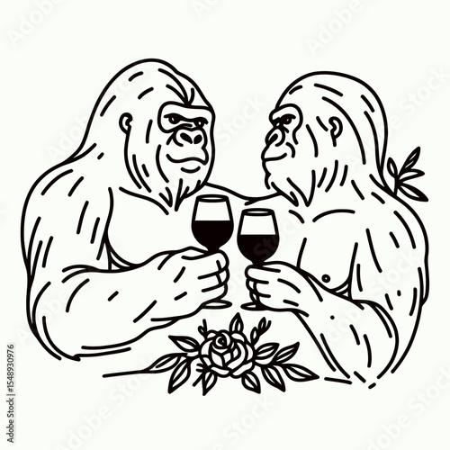 Gorilla couple Elegant Wine Toast. Valentine Love Romance Cupid February Clipart Line Art Vector Illustration. Ape pair refined grape juice celebration primate duo fancy drink cheer.