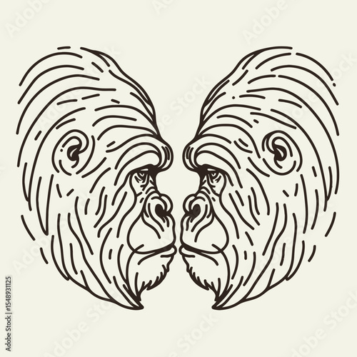 Gorilla couple Eyes Locked in Intimacy. Valentine Love Romance Cupid February Clipart Line Art Vector Illustration. Ape pair gaze affection mutual bond primate connection face to.