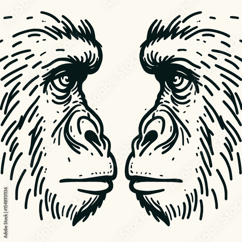 Gorilla couple Eyes Locked in Intimacy. Valentine Love Romance Cupid February Clipart Line Art Vector Illustration. Ape duo gaze bonding affection connection animal love wild moment.
