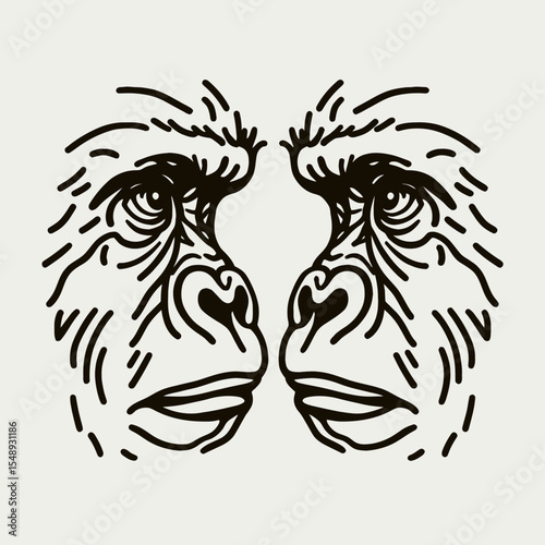 Gorilla couple Eyes Locked in Intimacy. Valentine Love Romance Cupid February Clipart Line Art Vector Illustration. Ape duo gaze mutual fondness affection loving animal pair.