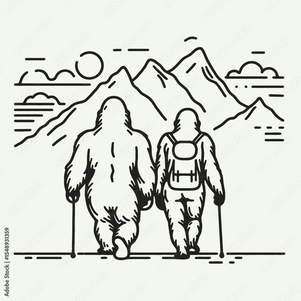 Obraz premium Gorilla couple hiking. Valentine Love Romance Cupid February Clipart Line Art Vector Illustration. Great ape duo trekking nature walk adventure for pair.