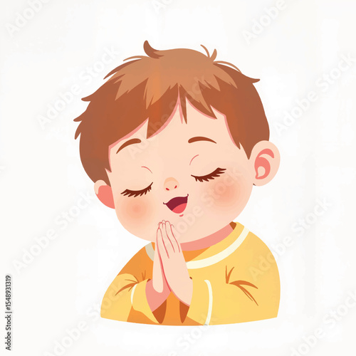 Joyful child making a wish with hands together, hope and dreams