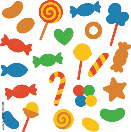 A vibrant set of 20 colorful candy silhouettes designed for baby or kids' themes. Includes lollipops, wrapped candies, jellybeans, and gumdrops in bold primary colors. Ideal for children’s books, pack