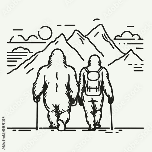Gorilla couple hiking. Valentine Love Romance Cupid February Clipart Line Art Vector Illustration. Great ape duo trekking nature walk adventure for pair.
