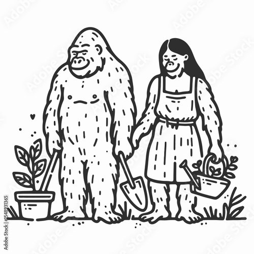 Gorilla couple Gardening together. Valentine Love Romance Cupid February Clipart Line Art Vector Illustration. Ape duo tending ground growing flora an earth care activity.
