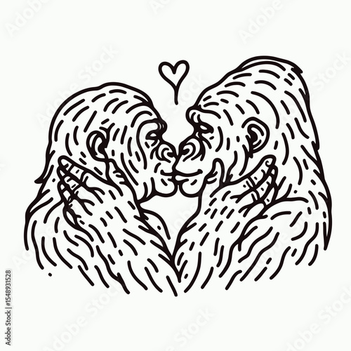 Gorilla couple Holding each others faces for a kiss. Valentine Love Romance Cupid February Clipart Line Art Vector Illustration. Ape duo grasping visages affection primates sharing gentle.