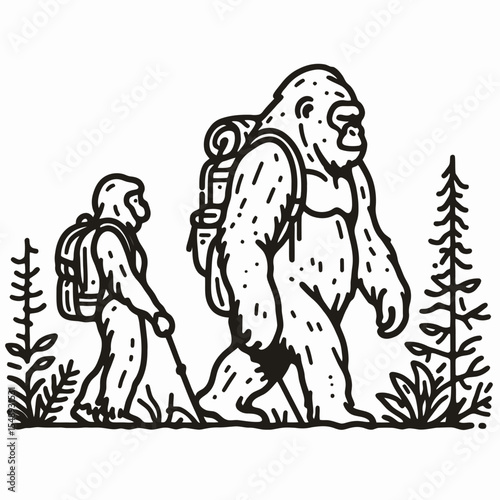 Gorilla couple hiking. Valentine Love Romance Cupid February Clipart Line Art Vector Illustration. Primate duo journey mountain trek adventure for ape pair woodland walk.
