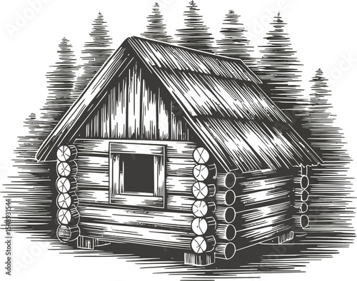 Illustration of a log cabin with a window and a roof surrounded by a forest of evergreen trees