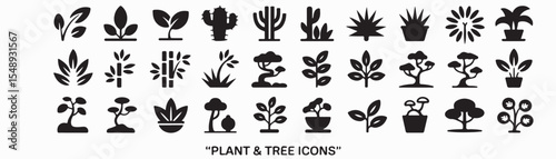 Plant, tree icon set. Vector glyph pictograms of leaf, cactus, bamboo, bonsai, nature, ecology, and landscaping concept, monstera maple black silhouette illustration.