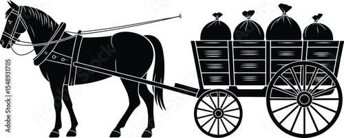 A black silhouette of a horse pulling a cart filled with bags on a white background in vector style