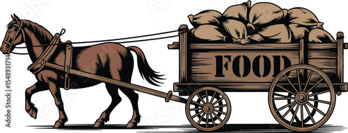 A brown horse pulling a wooden cart filled with sacks labeled food on a white isolated background