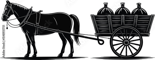 A black and white illustration of a horse pulling a cart filled with three sacks on a white background