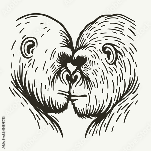 Gorilla couple Intimate Forehead Kiss. Valentine Love Romance Cupid February Clipart Line Art Vector Illustration. Ape pair tender brow touch affection among primate family bond wildlife.