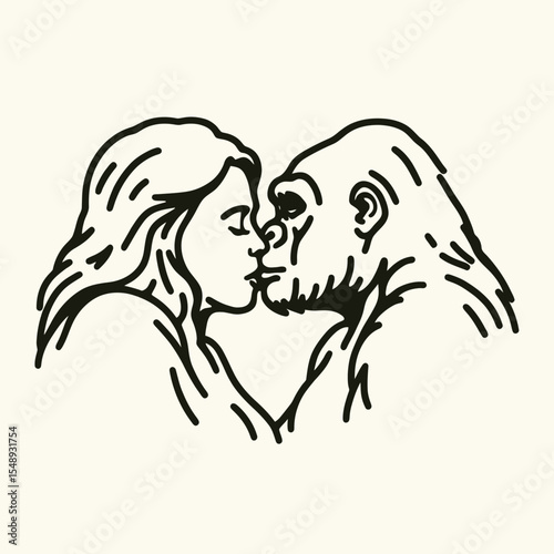 Gorilla couple Intimate Forehead Kiss. Valentine Love Romance Cupid February Clipart Line Art Vector Illustration. Ape pair tender head touch loving moment primate affection jungle wildlife.
