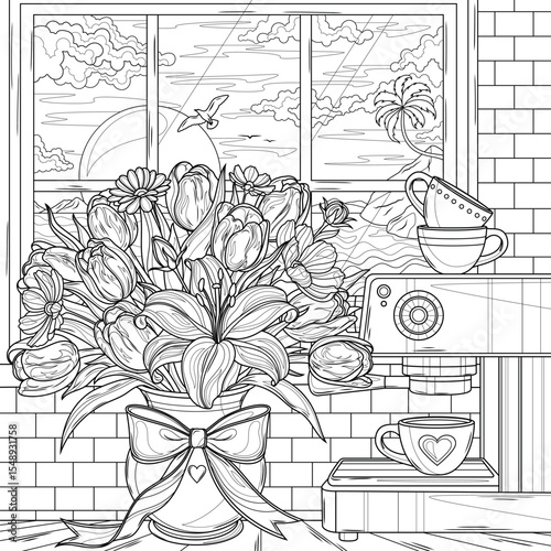 A bouquet of flowers is on the table near the coffee machine.Coloring book antistress for children and adults. 
