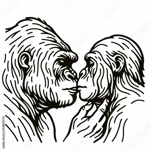 Gorilla couple Intimate Forehead Kiss. Valentine Love Romance Cupid February Clipart Line Art Vector Illustration. Ape pair gentle brow touch loving affection primate bond tender moment.