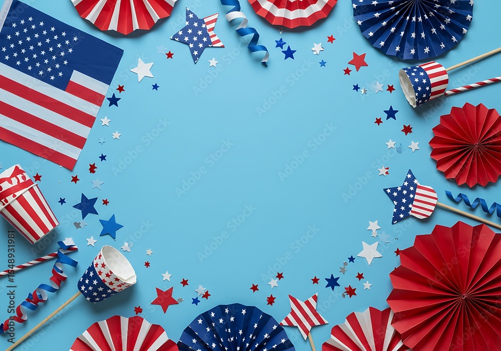 Obraz premium American flag decorations and patriotic party supplies on blue background