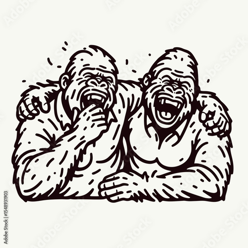 Gorilla couple Laughing Together. Valentine Love Romance Cupid February Clipart Line Art Vector Illustration. Ape pair having fun displaying joy with a chuckle comic animal moment.