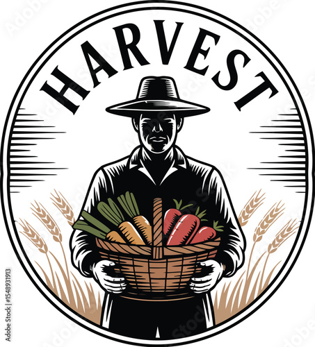 A farmer in a hat carrying a basket full of vegetables inside a circle with the word harvest on top