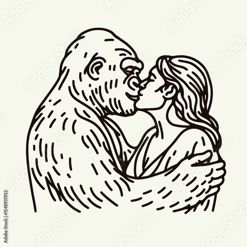 Gorilla couple Kissing on the cheek. Valentine Love Romance Cupid February Clipart Line Art Vector Illustration. Primate duo affection display touching face great ape bonding moment image.