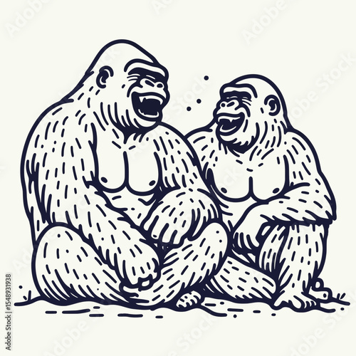 Gorilla couple Laughing Together. Valentine Love Romance Cupid February Clipart Line Art Vector Illustration. Ape pair having joyful moment sharing a cheerful amusing expression.