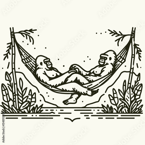 Gorilla couple Laying on a hammock. Valentine Love Romance Cupid February Clipart Line Art Vector Illustration. Ape duo relaxing rope seat jungle primate rest wild animal pair at leisure.