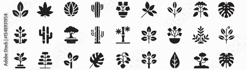 Plant, tree icon set. Vector glyph pictograms of leaf, cactus, bamboo, bonsai, nature, ecology, and landscaping concept, monstera maple black silhouette illustration.
