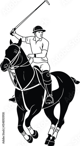 A black and white illustration of a polo player on a horse with a mallet raised in the air ready to strike