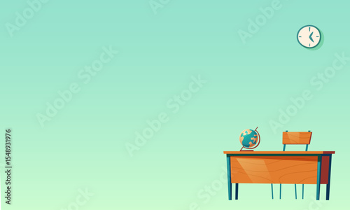 Cartoon vector illustration of a classroom or study area featuring a wooden desk, chair, globe, and wall clock. Ideal for educational, learning, or remote work concepts.