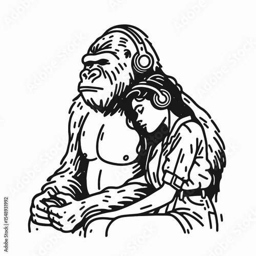 Gorilla couple Listening to music together. Valentine Love Romance Cupid February Clipart Line Art Vector Illustration. Ape duo hearing audio a loving pair enjoying harmony primate leisure.