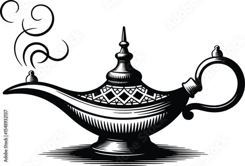 A black and white drawing of a genie lamp with smoke coming out of the spout on a white background