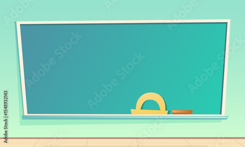 Cartoon vector illustration of a blank green chalkboard with a protractor and eraser on the ledge. Perfect for educational themes, classroom settings, and learning concepts.