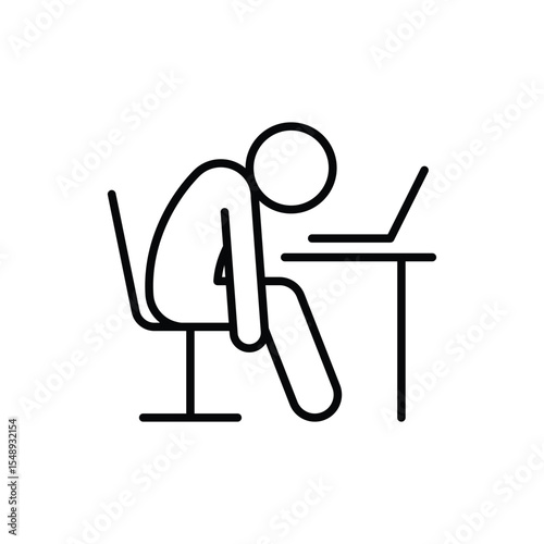 Burnout Icon Vector, Exhausted Person Slouched at Desk with Laptop, Outline Symbol for Remote Work Fatigue, Mental Exhaustion, and Overwork Stress